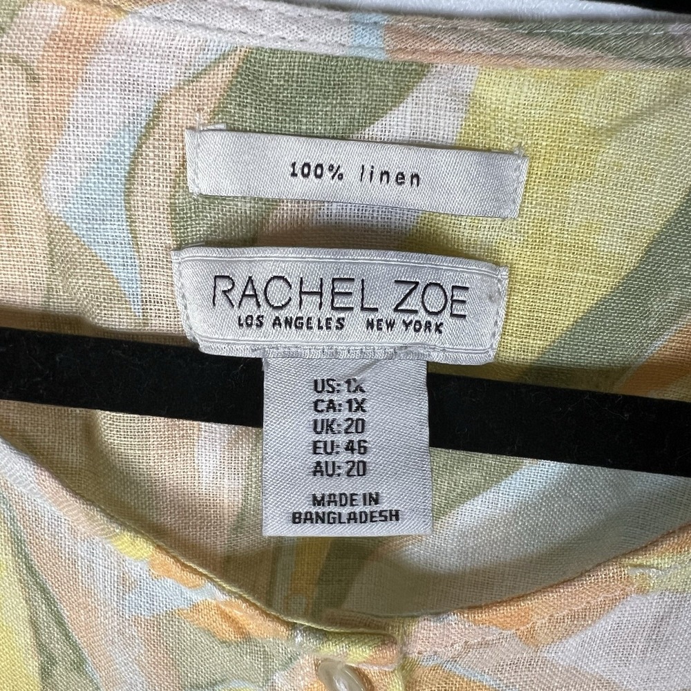 Rachel Zoe 100% Linen Tunic Top Womens 1X Pastel Tropical Roll Tab Sleeve Blouse - Picture 6 of 8